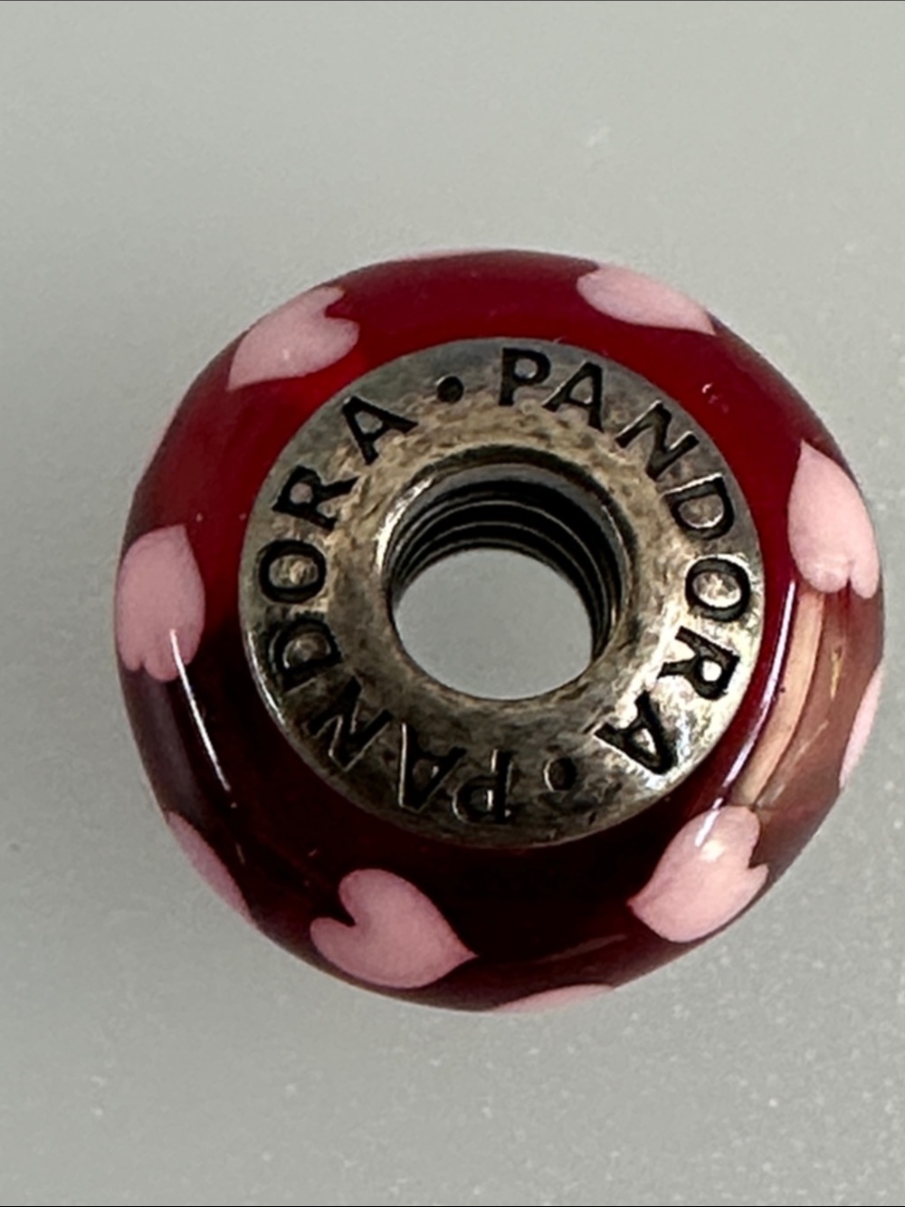 Pandora Red Glass Charm with Pink Hearts Pattern